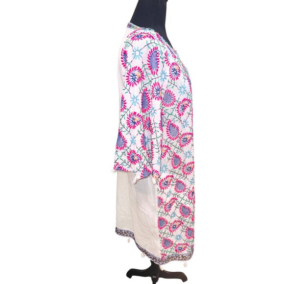 Lula Soul White Multicolor Embroidered Cottton Boho Peasent Dress Sequin Tassel - Picture 4 of 12